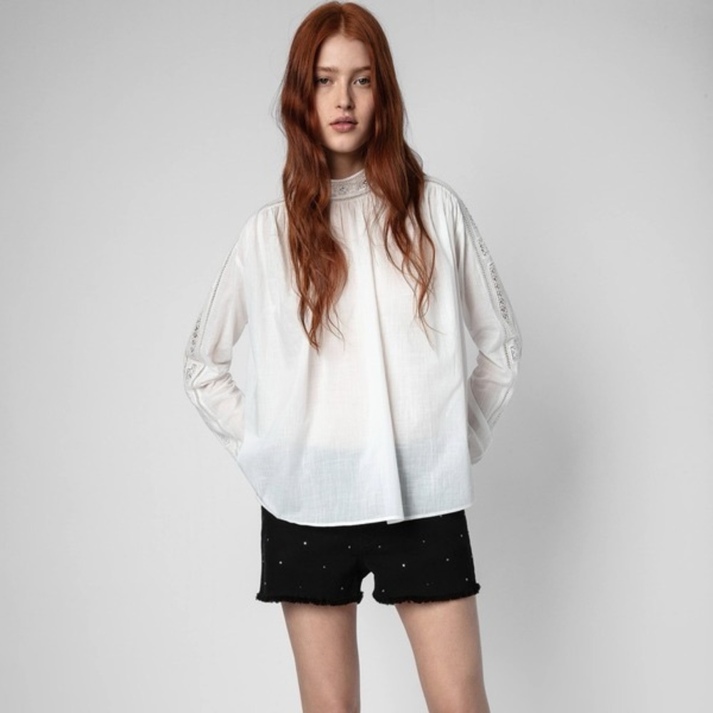 Zadig & Voltaire White Lace-Trim High-Neck Blouse